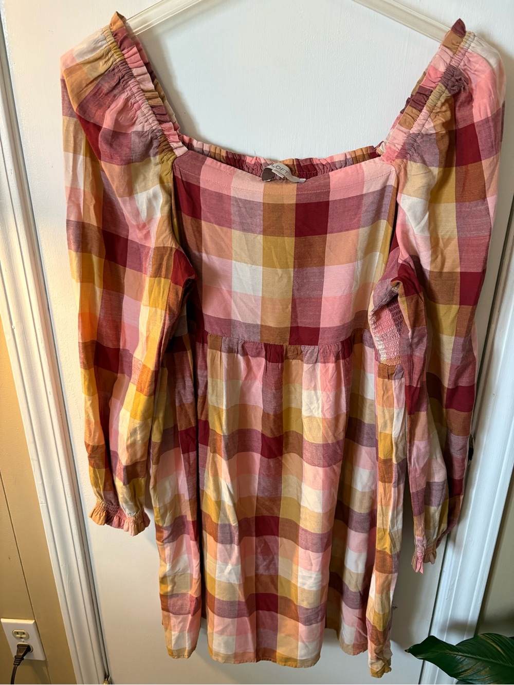 LOFT Plaid Square-Neck Long Sleeve Dress  in Pink, Mustard, Cream and Burgundy